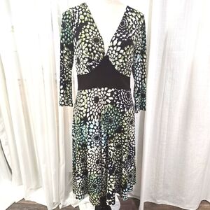 2/$30 Vintage En Focus Green‎ & Black Babydoll Floral Midi Dress Womens Size 12P